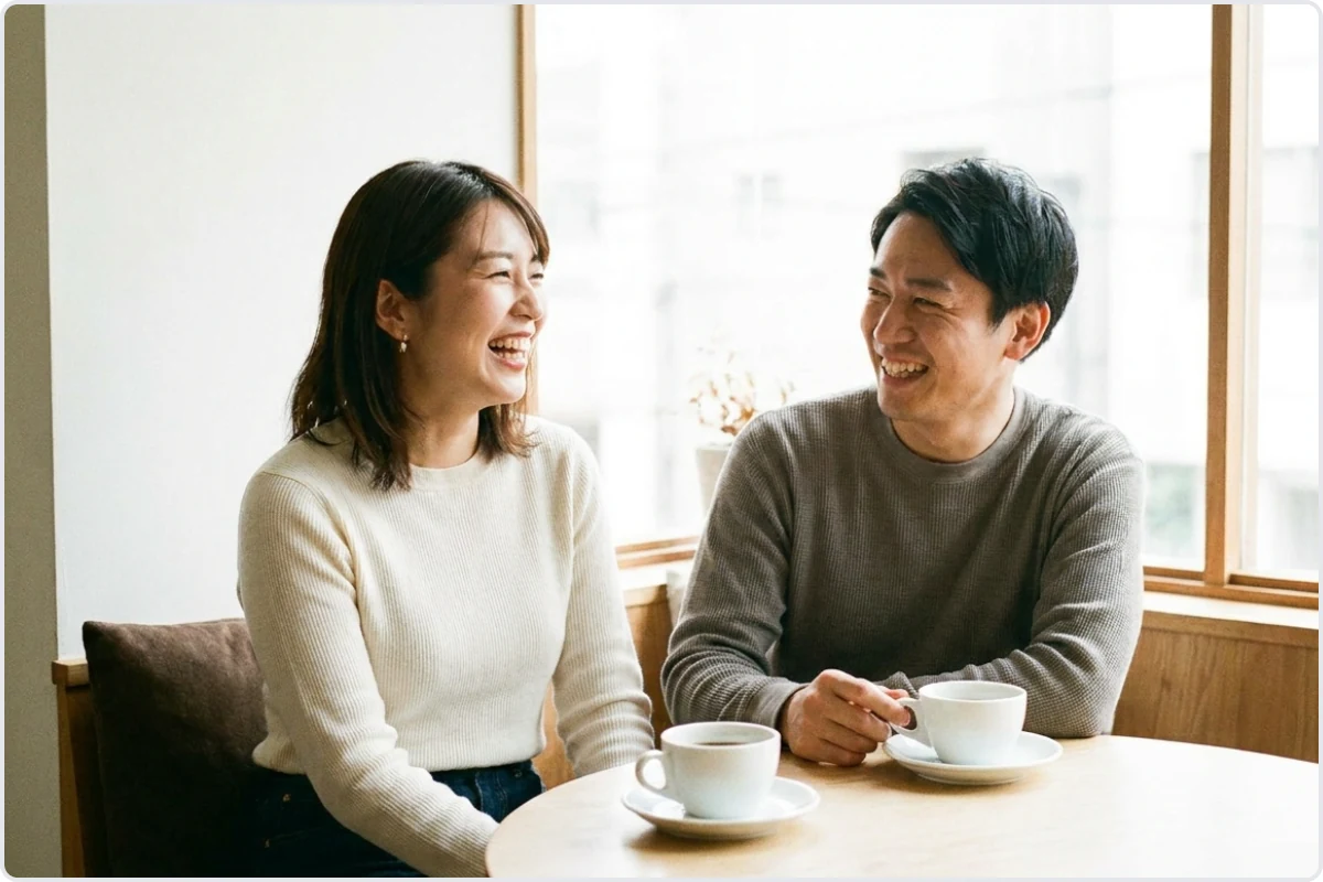 カフェで穏やかに会話する30代の日本人カップルの様子で、婚活を経て関係を深めていく場面を表している。