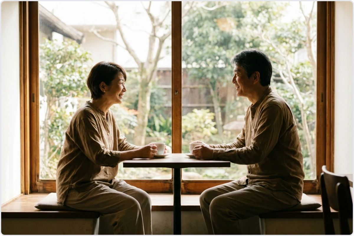 カフェの窓際でコーヒーを挟み、50代の日本人男女が落ち着いて会話している場面。精神的なつながりを求めるセカンドパートナーの交流を表している。