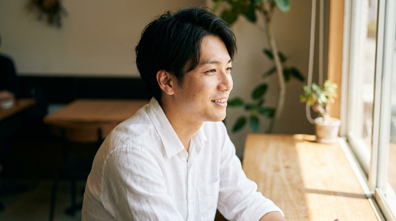 カフェで微笑む雰囲気イケメン例