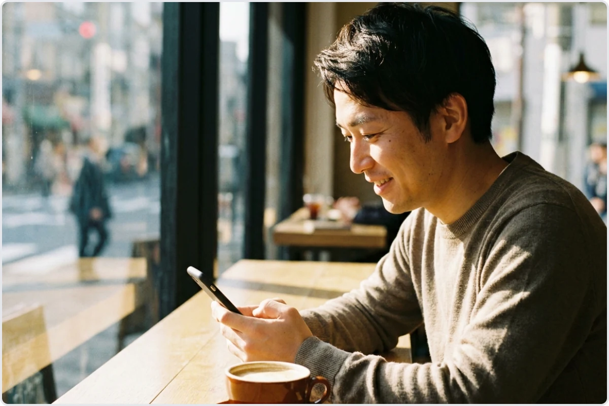 カフェの窓際でスマートフォンを見ながら穏やかに微笑む30代の日本人男性。婚活アプリを複数使った体験談の場面を表している。