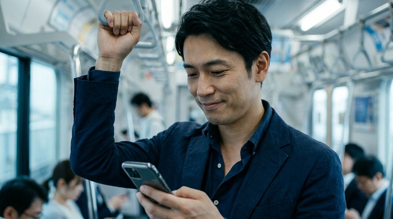 通勤中にアプリを見る男性