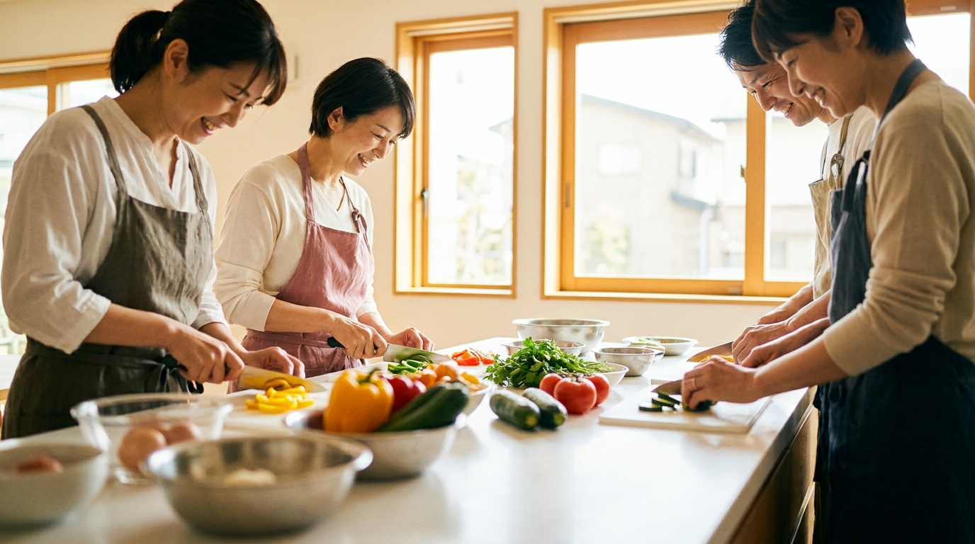 料理教室で交流する40代男女