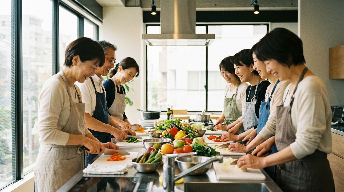 料理教室で交流する50代男女