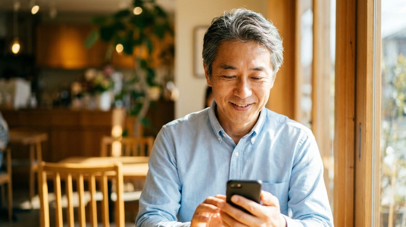 スマホでアプリを見る50代男性