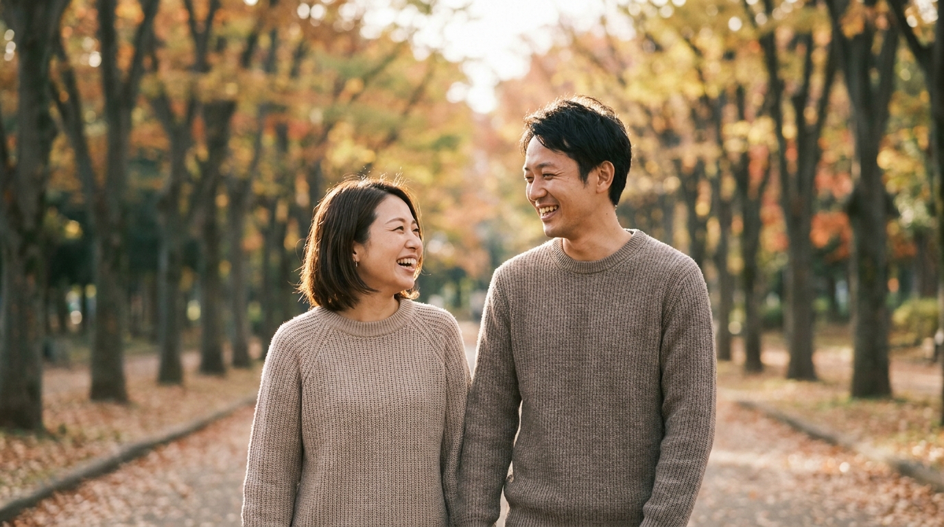 笑顔で並んで歩く男女