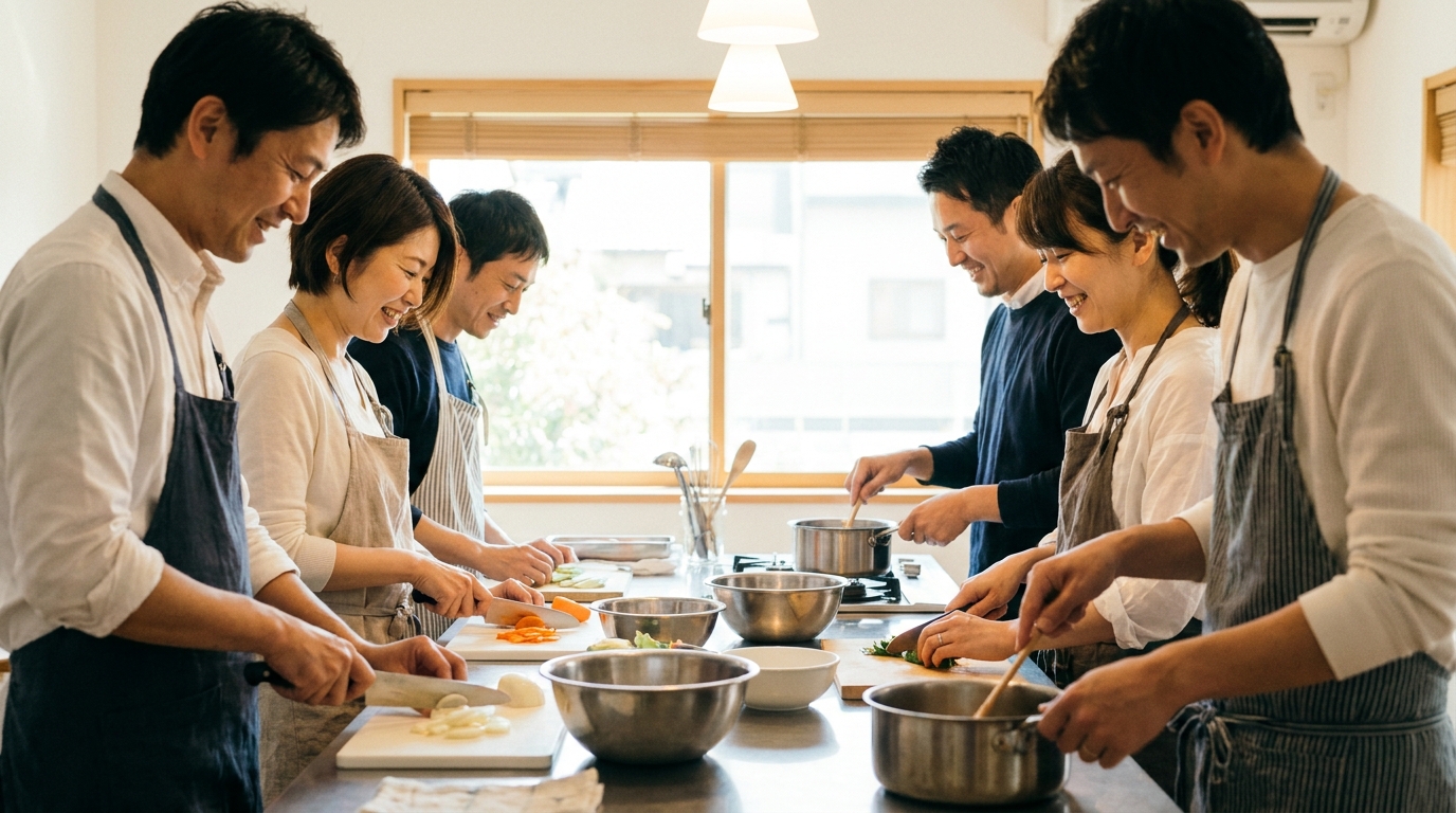 料理教室での自然な出会いの様子