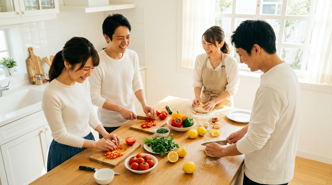 料理教室で交流する男女