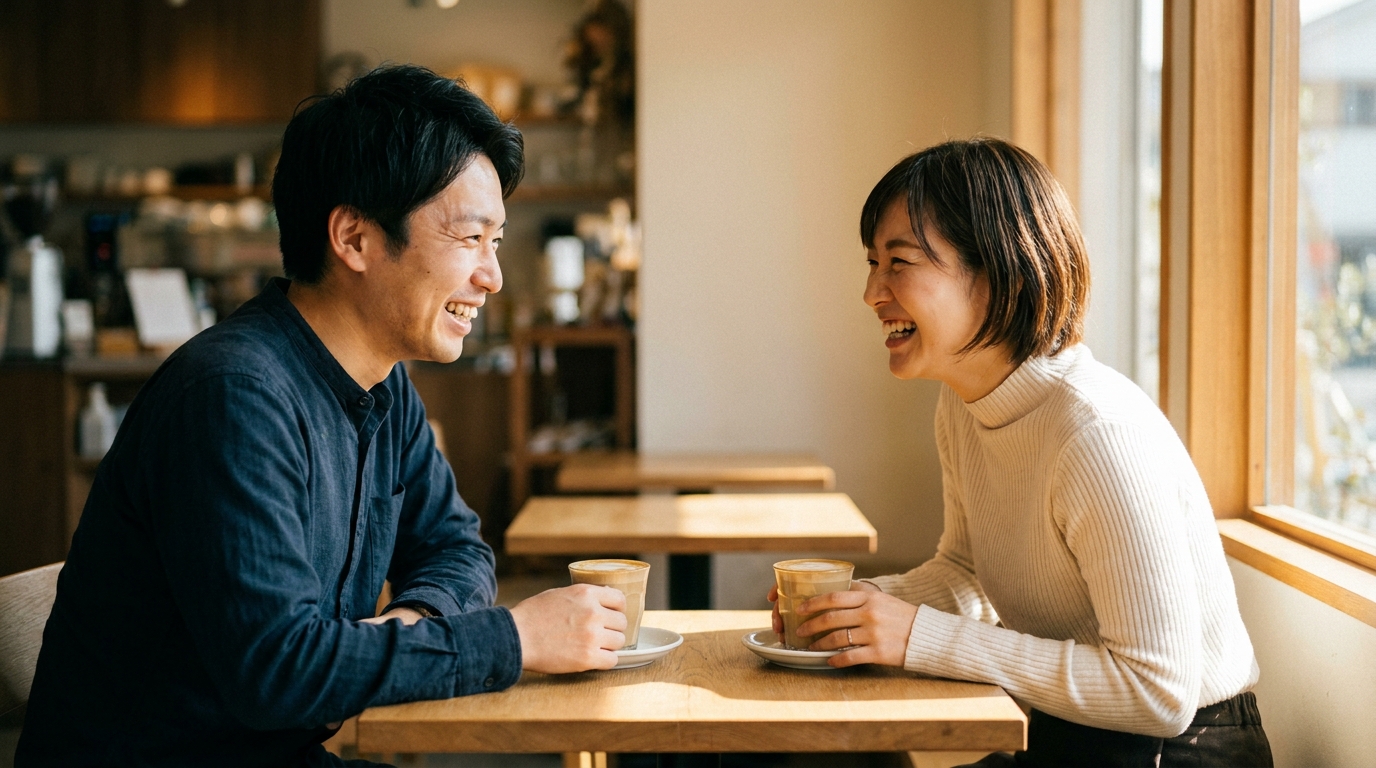 カフェで笑顔の男女