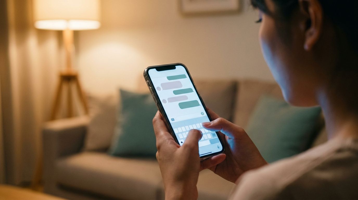 夜にスマホでメッセージを送る様子