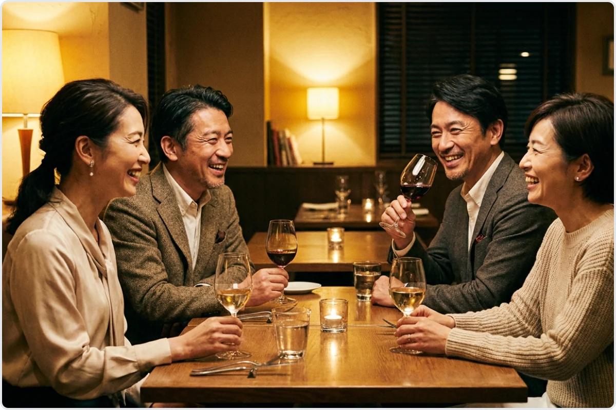 落ち着いたレストランで40代から50代の男女が同じテーブルを囲み、グラスを手に和やかに談笑している場面。