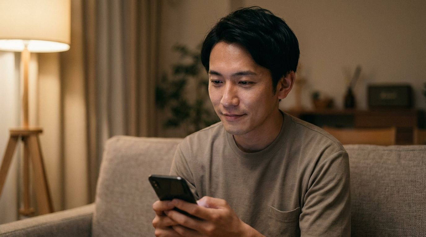 スマホでアプリを見る男性