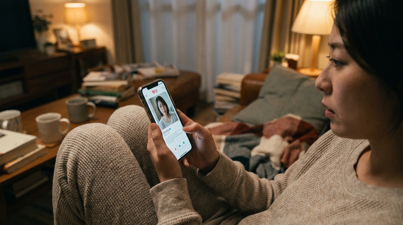 スマホを見て悩む30代女性