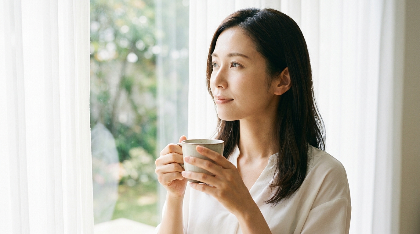 窓辺でコーヒーを持つ女性