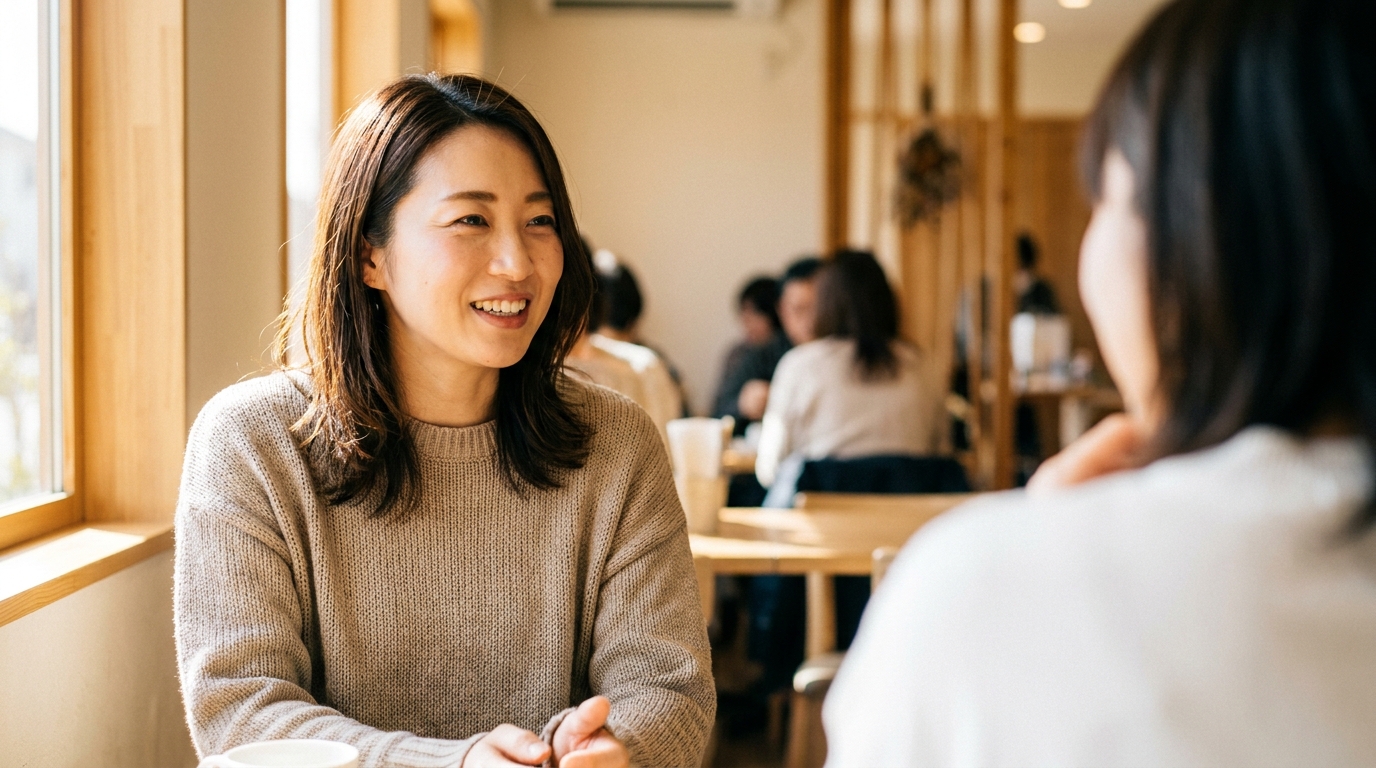 カフェで会話する30代女性