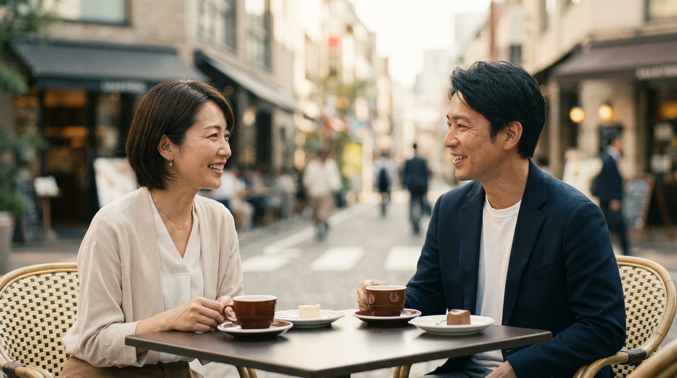 カフェで会話する大人の男女