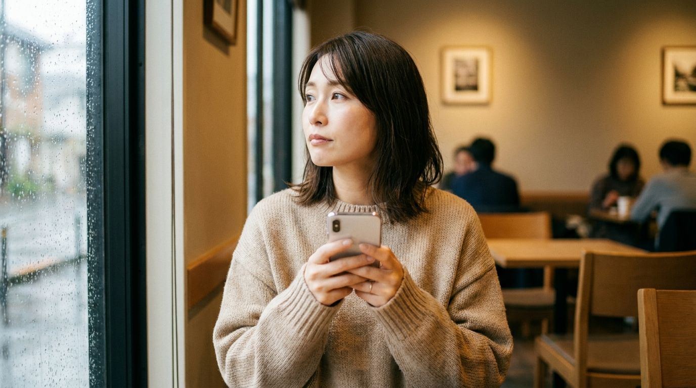 カフェでスマホを見る人妻