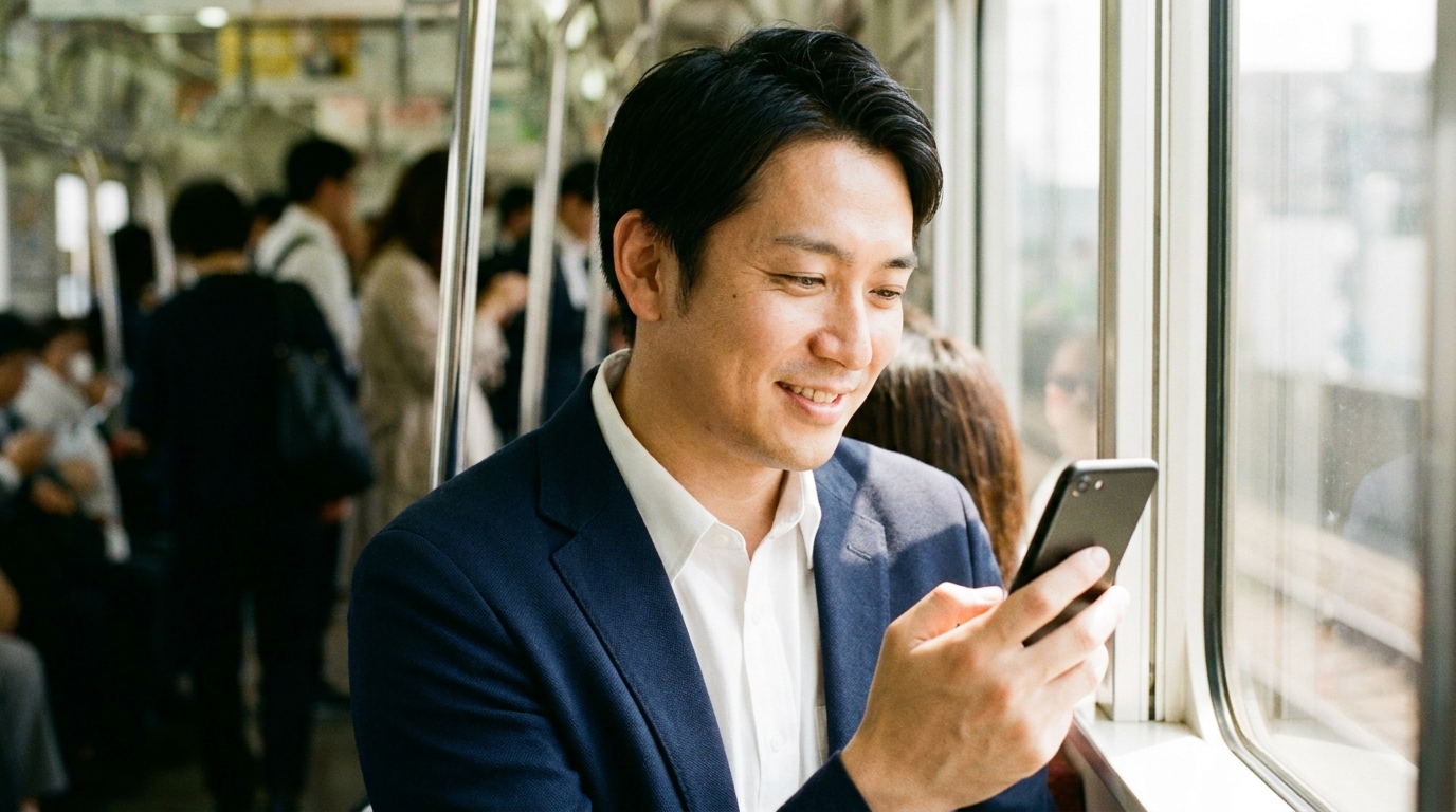 通勤中にアプリを使う30代男性