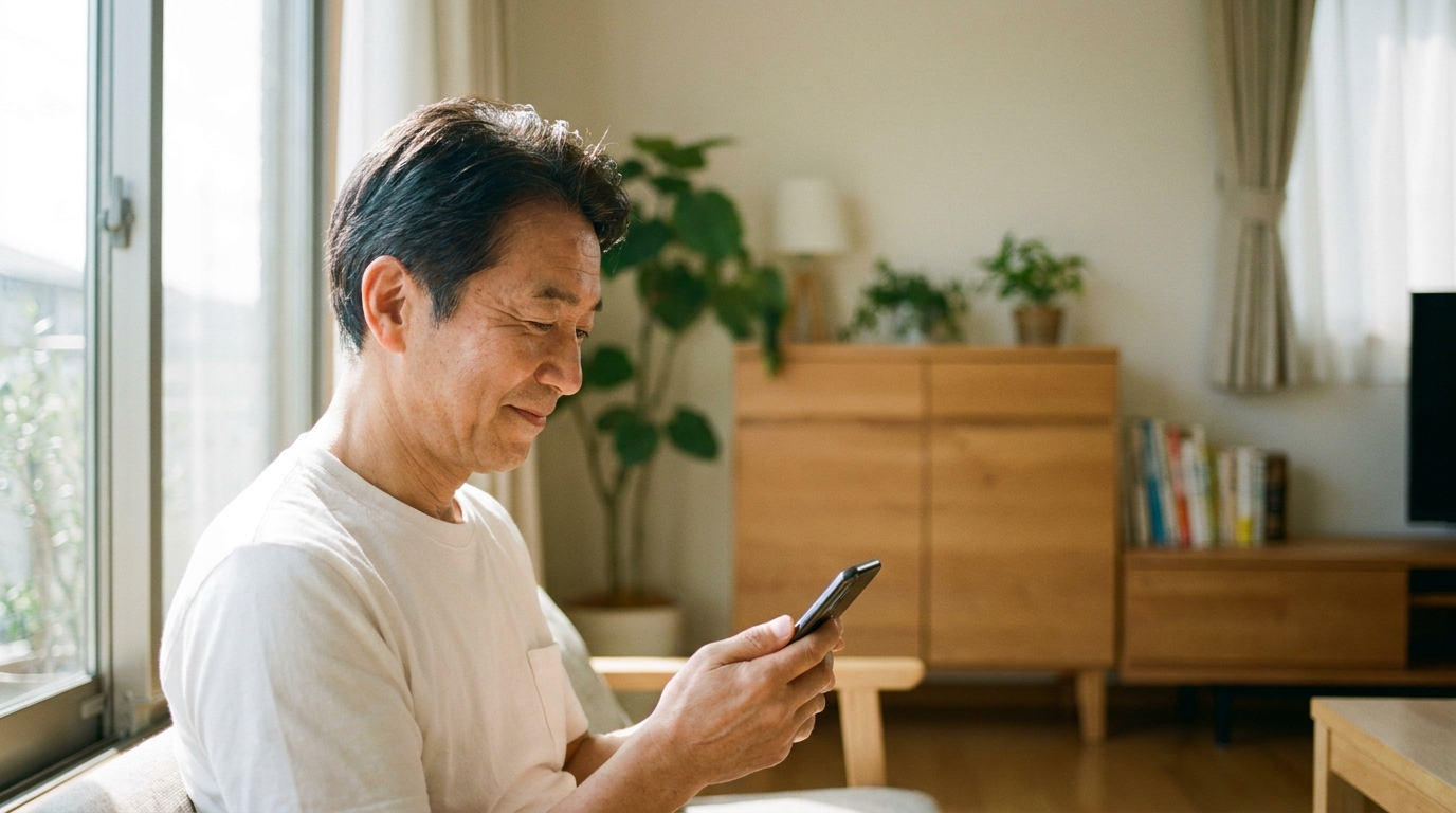 スマホを手に微笑む60代男性
