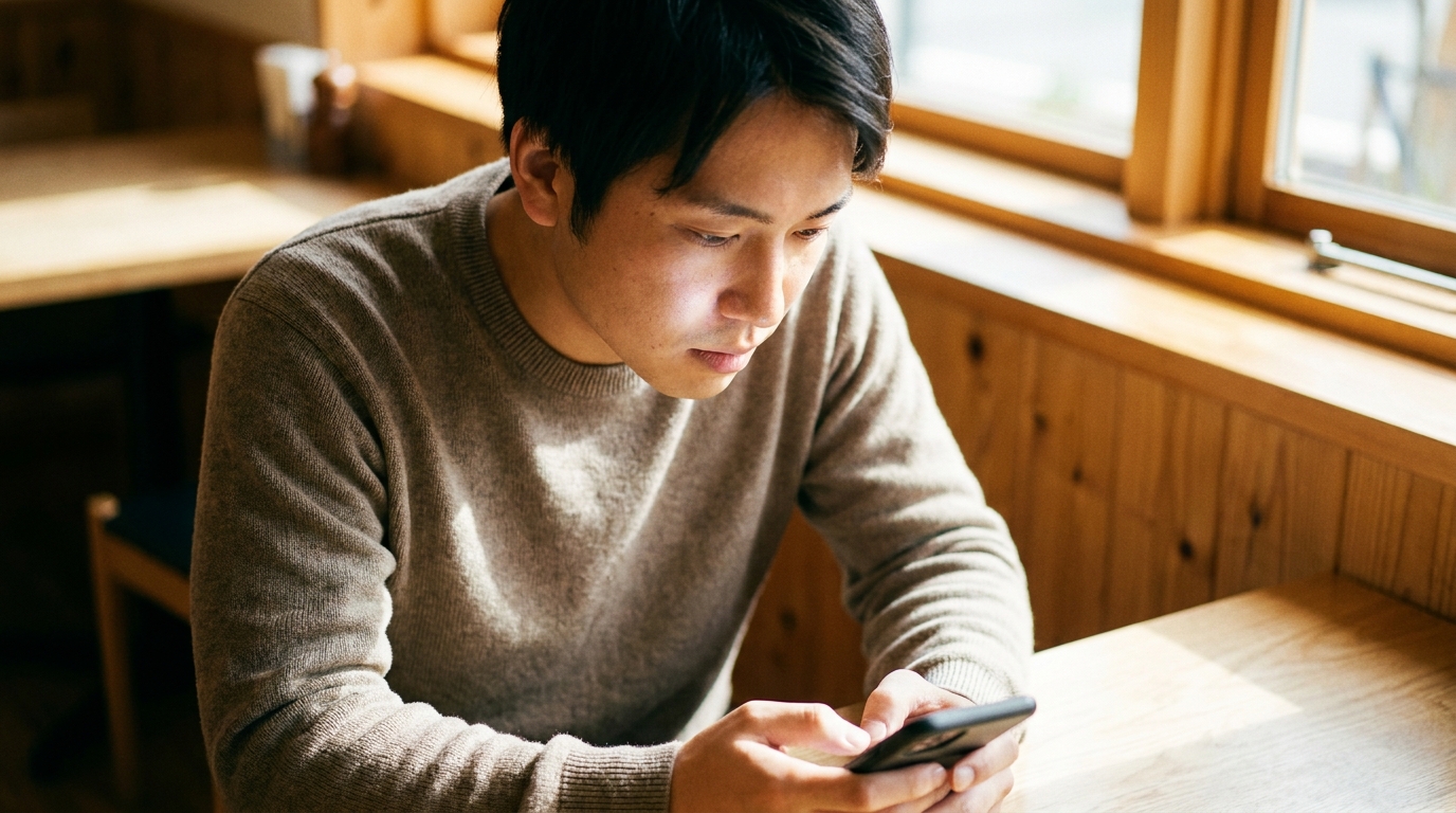 カフェでアプリを見る男性
