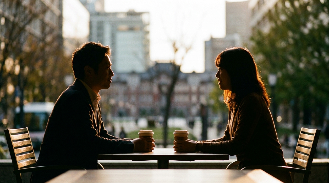 カフェで会話する男女の逆光写真
