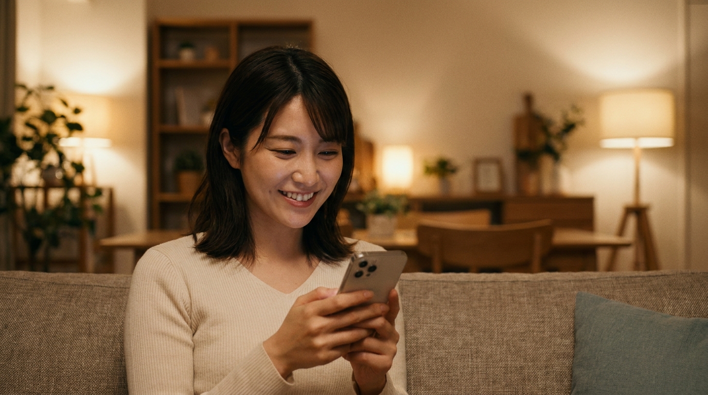 楽しそうにメッセージを読む女性