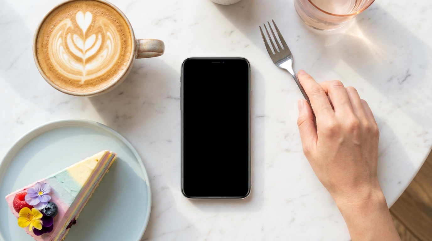 カフェとスマホのフラットレイ
