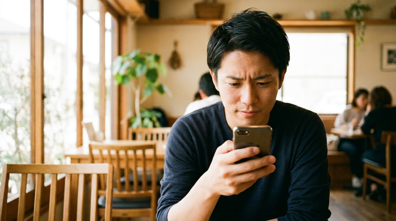 スマホでメッセージを考える男性