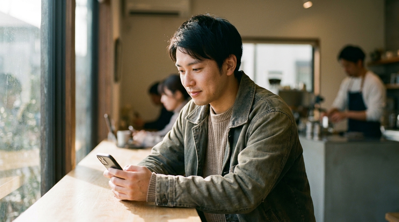 スマホを見て考え込む男性