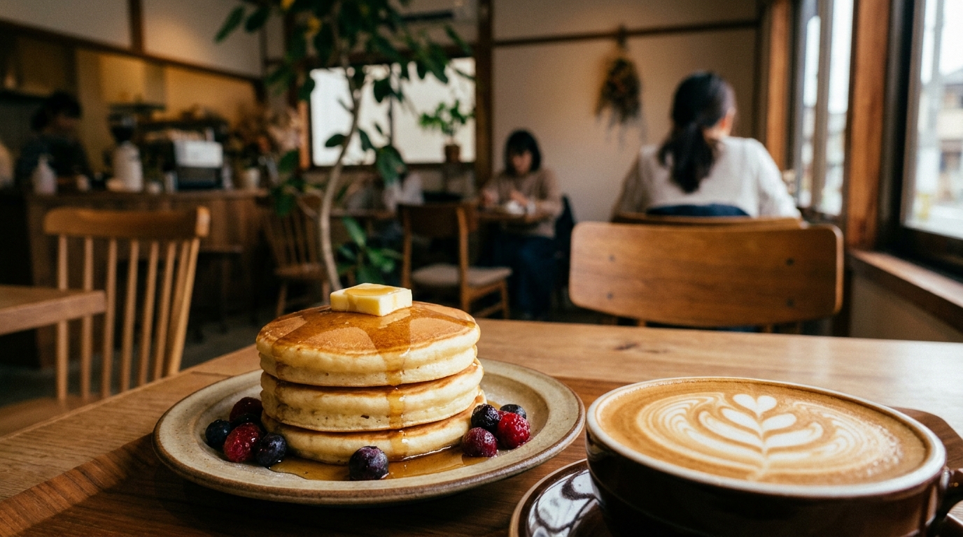 カフェのパンケーキとラテ