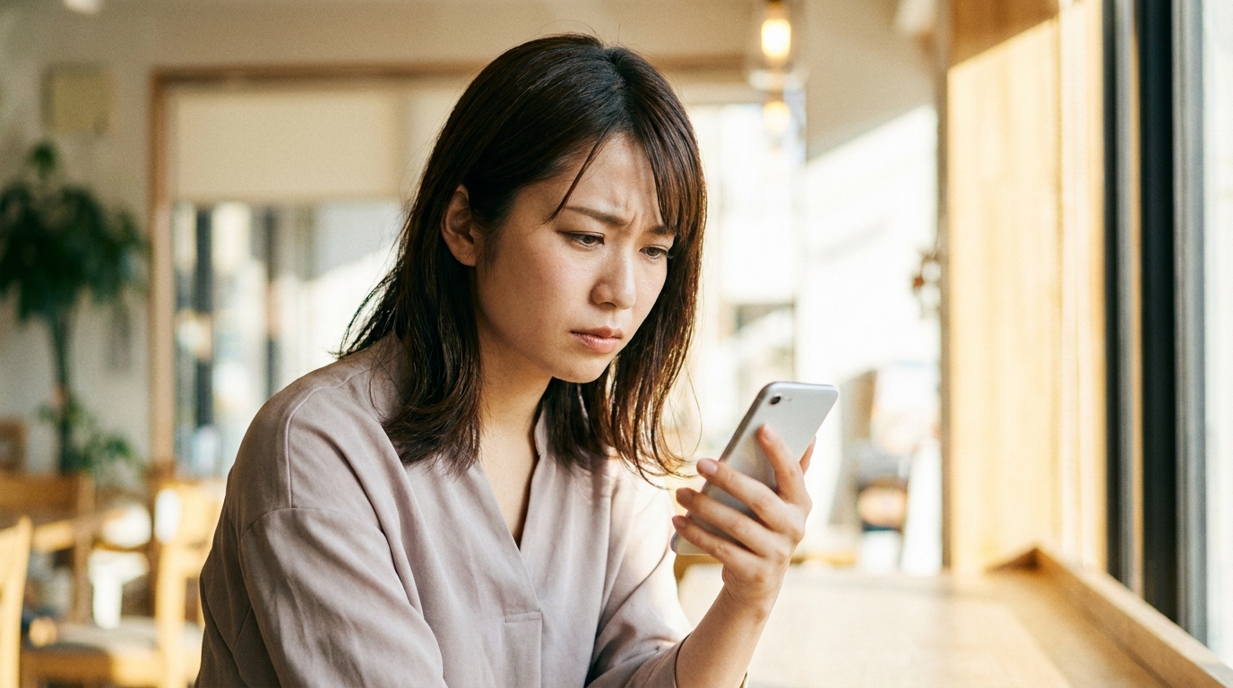 スマホを見て悩む女性