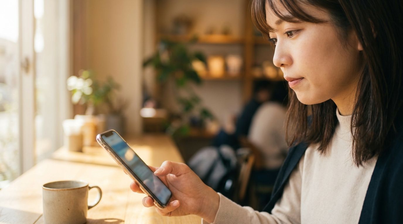 スマホで写真を一瞬で判断する女性