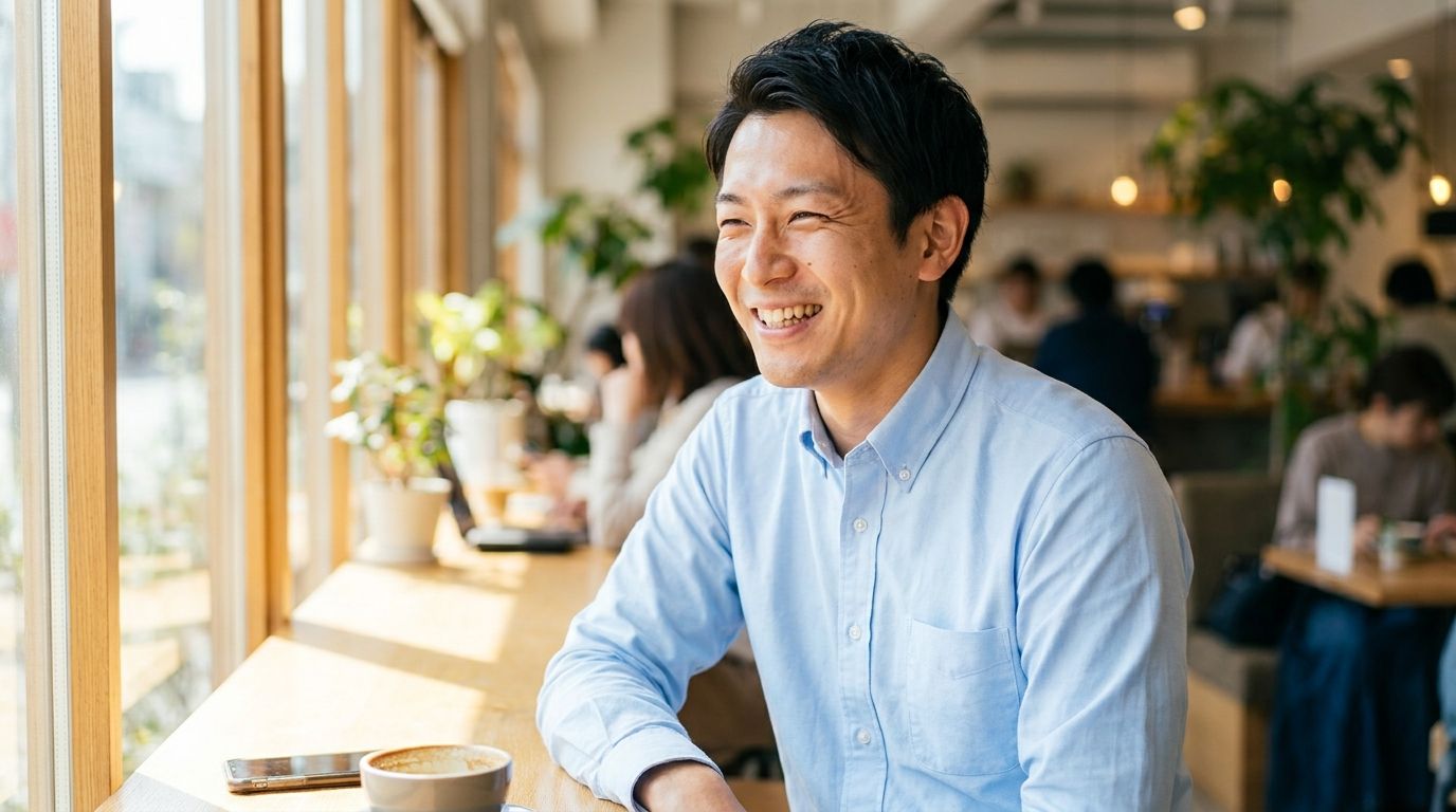 自然な笑顔の男性の写真例