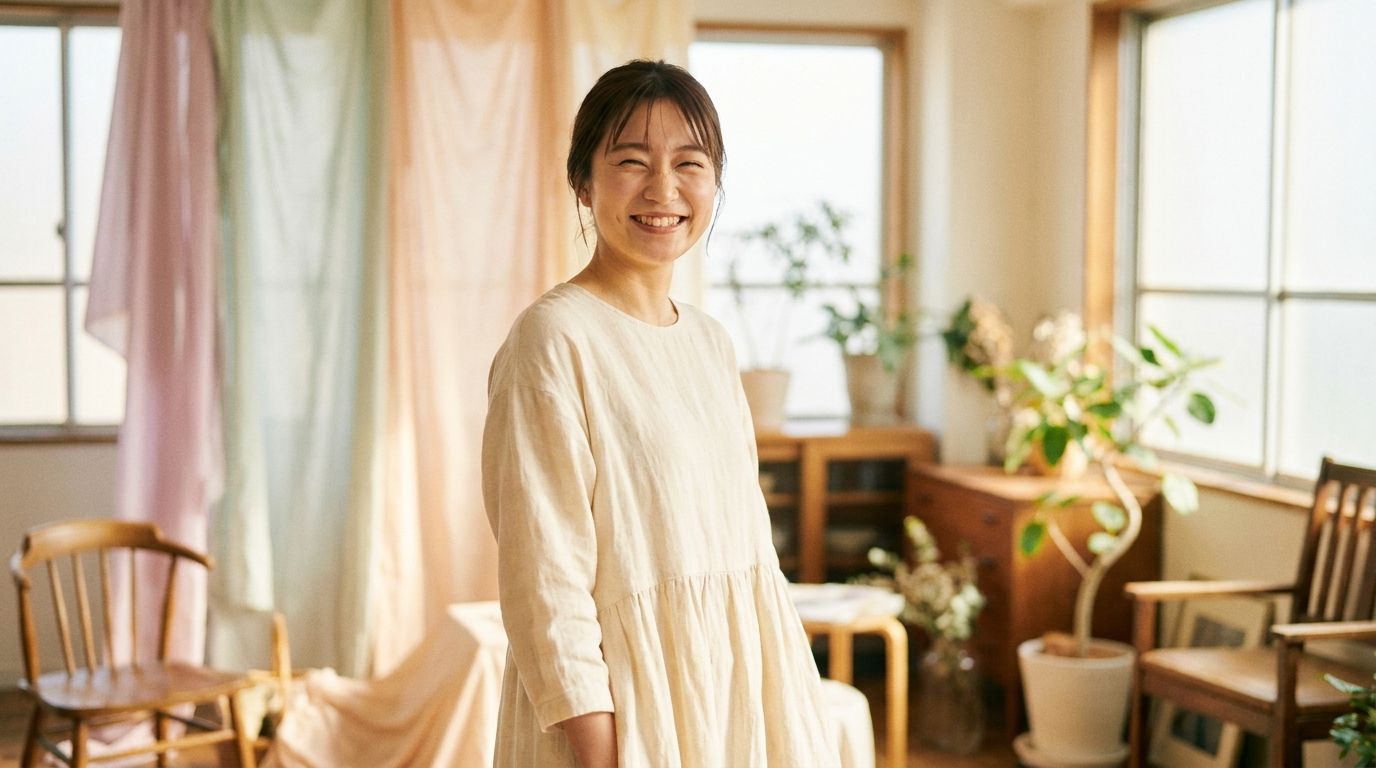 ナチュラルな服装と笑顔の女性例