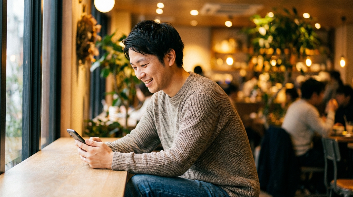 カフェでメッセージを送る男性