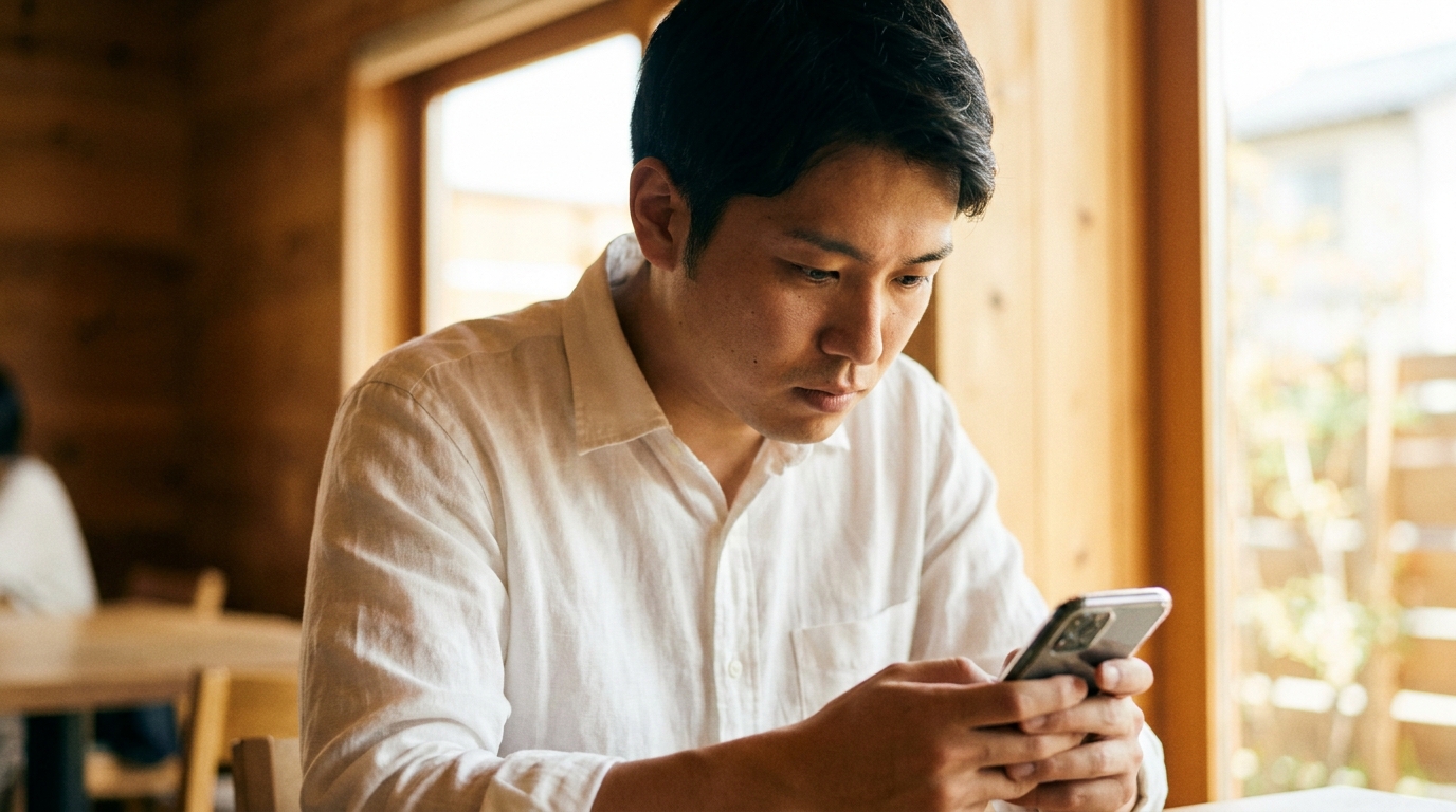 スマホでメッセージを打つ男性