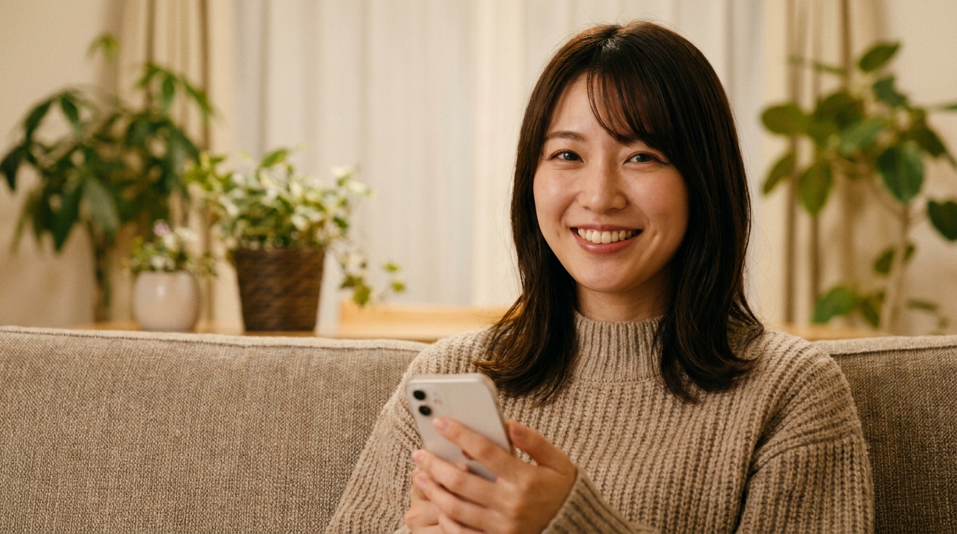 スマホを見て微笑む女性