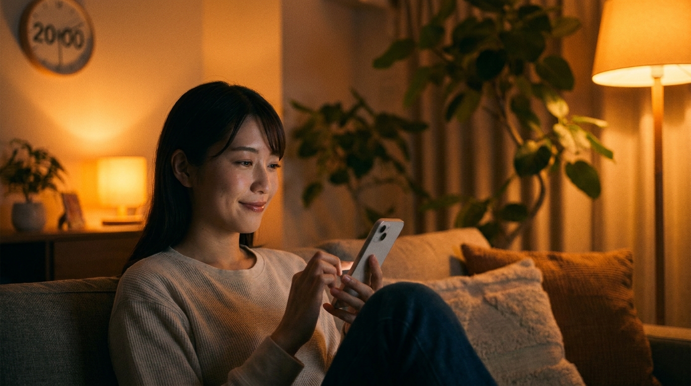 夜にスマホでメッセージする女性