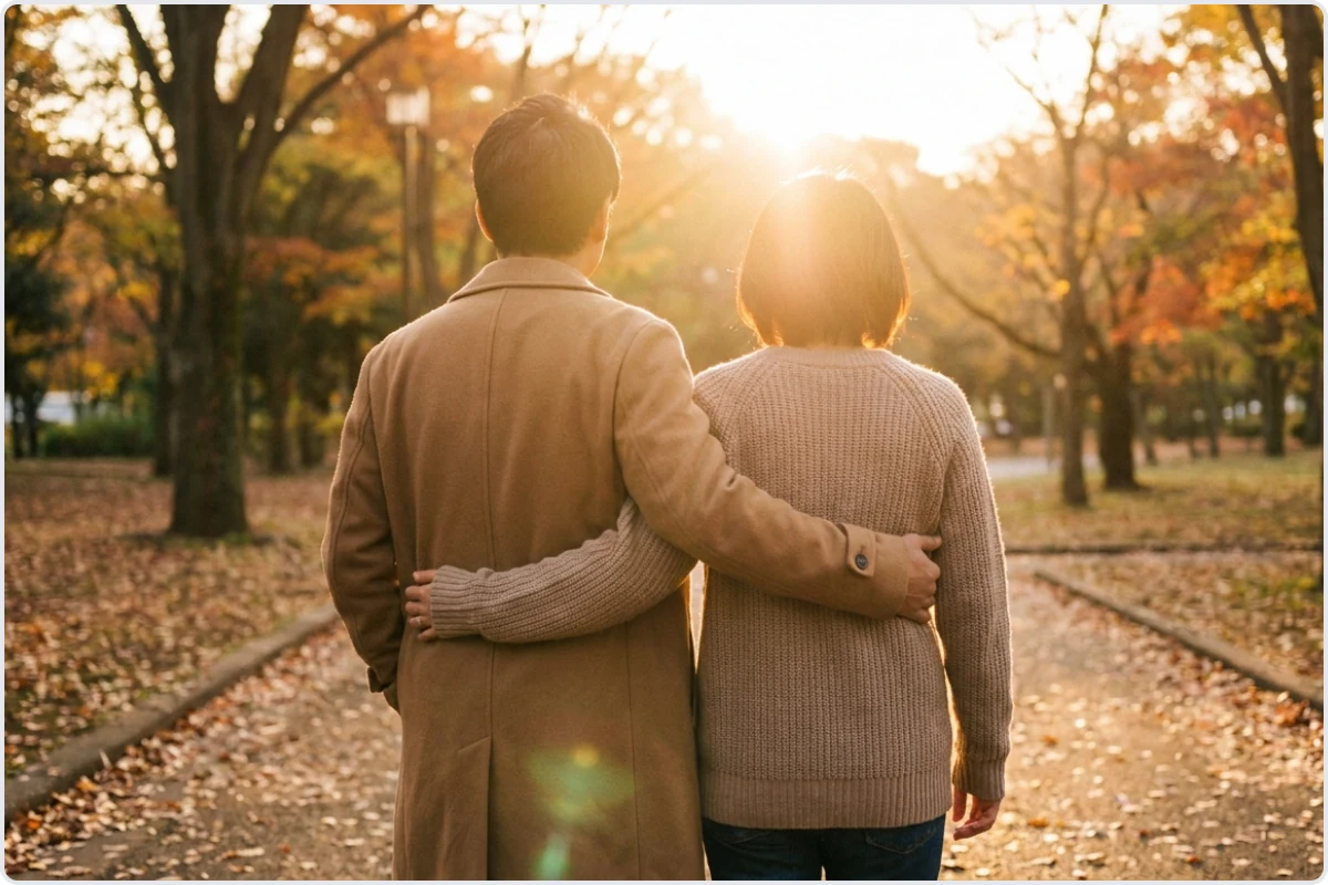 マッチングアプリで出会って結婚したカップルのイメージとして、夕暮れの公園を寄り添って歩く二人の後ろ姿