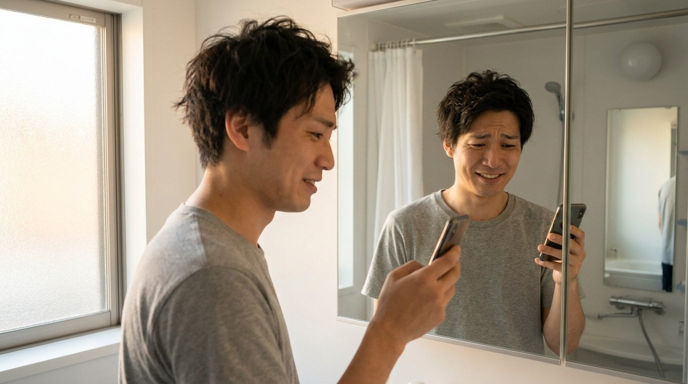 鏡の前で撮影に悩む男性