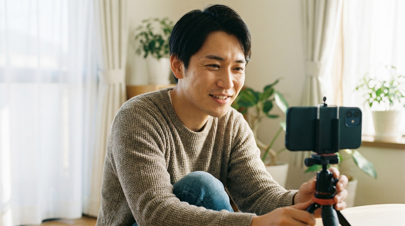 三脚で一人撮影する男性