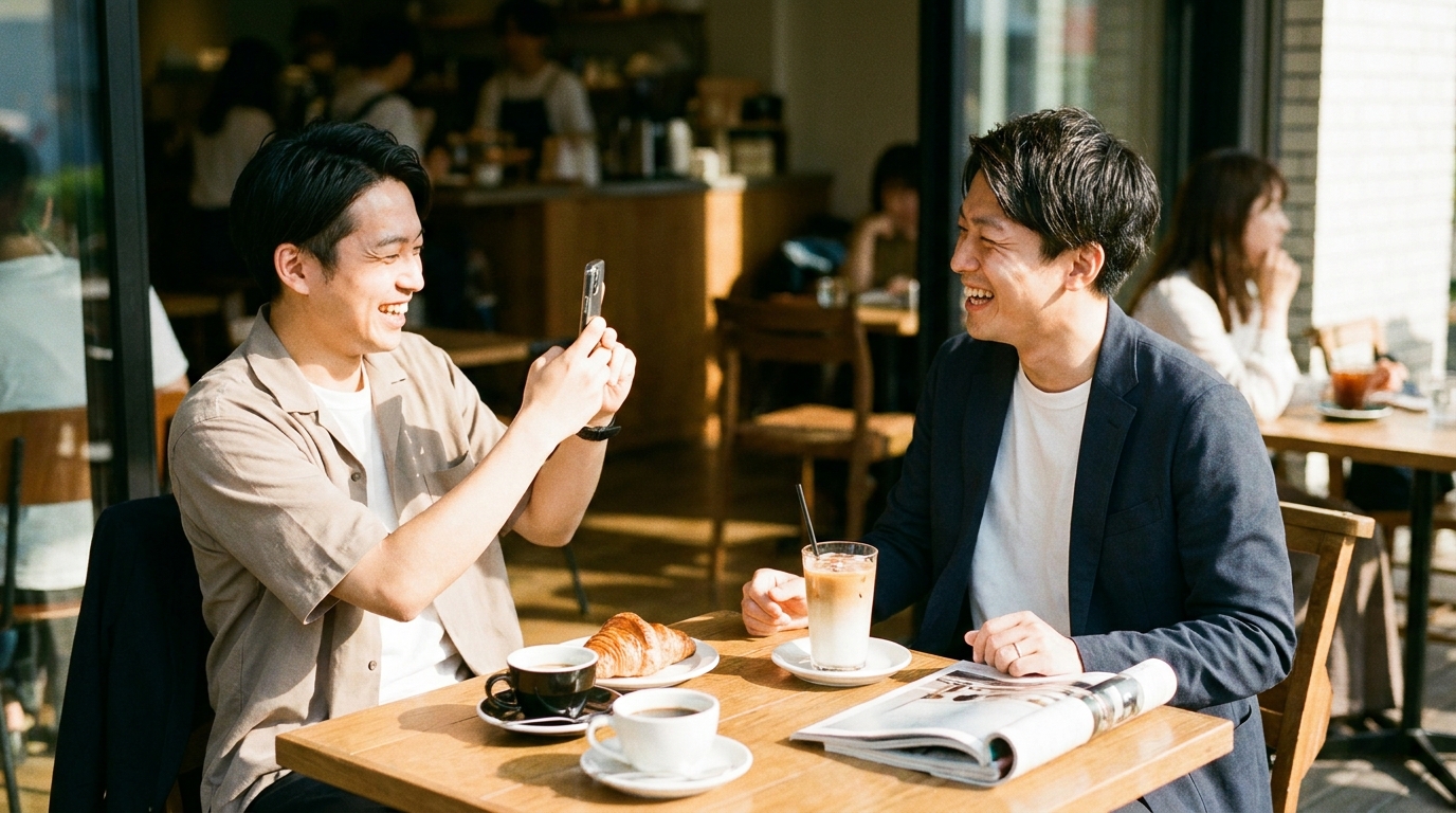 カフェで友達に撮ってもらう様子