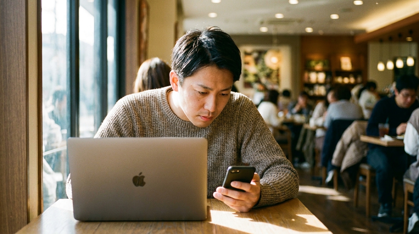 PCとスマホを見比べる男性