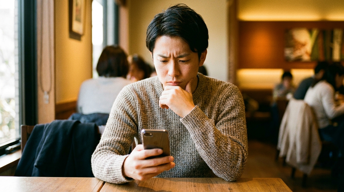 スマホを見て考え込む男性