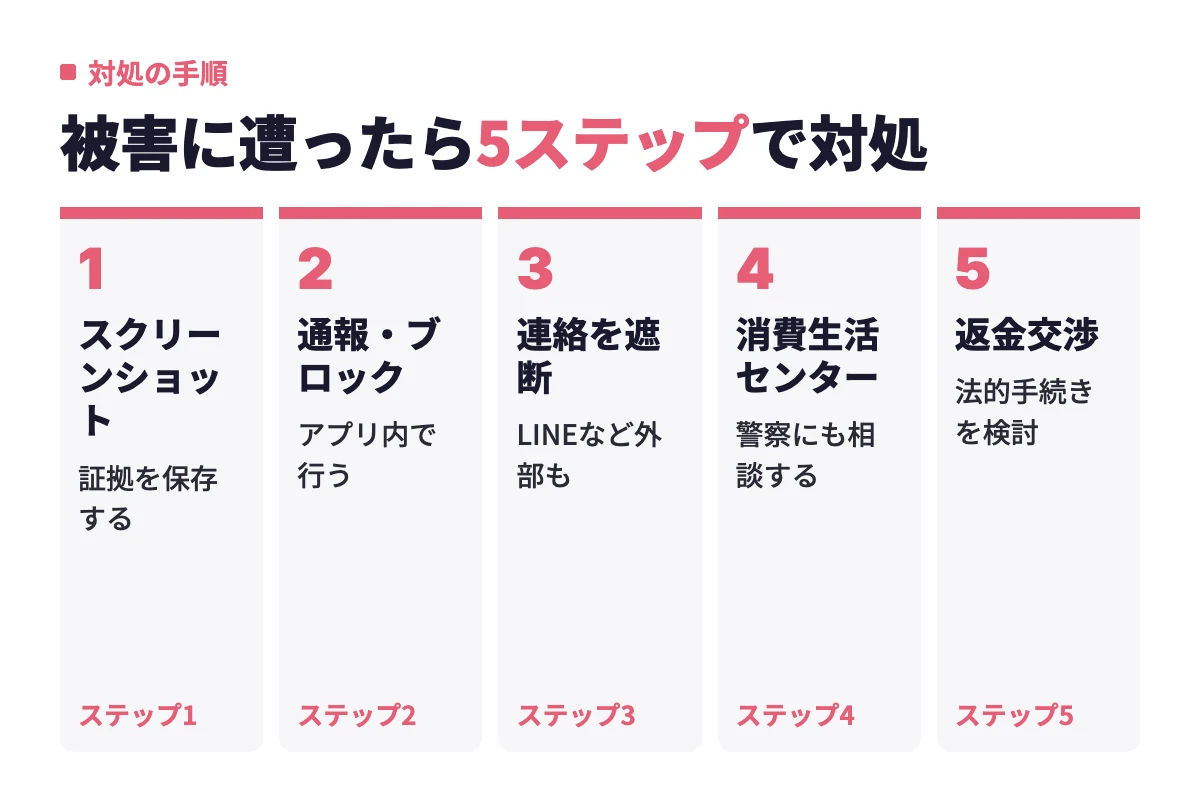 業者被害に遭った際は、スクリーンショットで証拠保存、通報・ブロック、連絡の遮断、消費生活センターへの相談、返金交渉の順で対処する流れ。