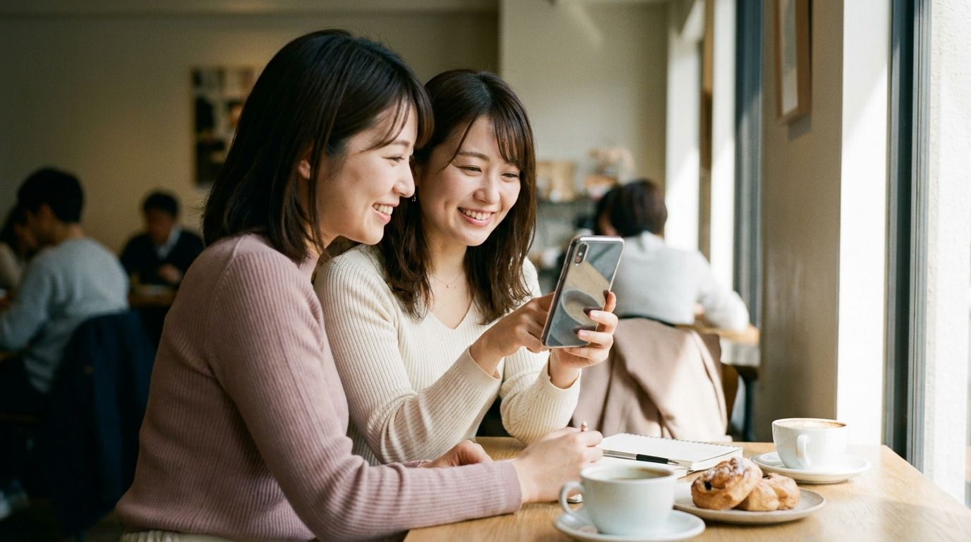 友人にスマホを見せて相談する様子