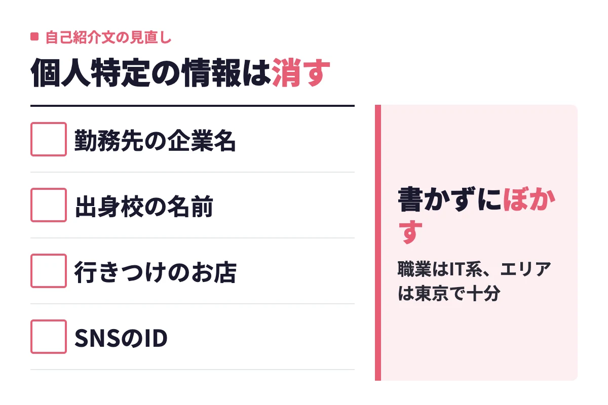 勤務先の企業名や出身校の名前、行きつけのお店、SNSのIDは自己紹介文に書かず、職業やエリアはぼかして書くべきという判断基準。