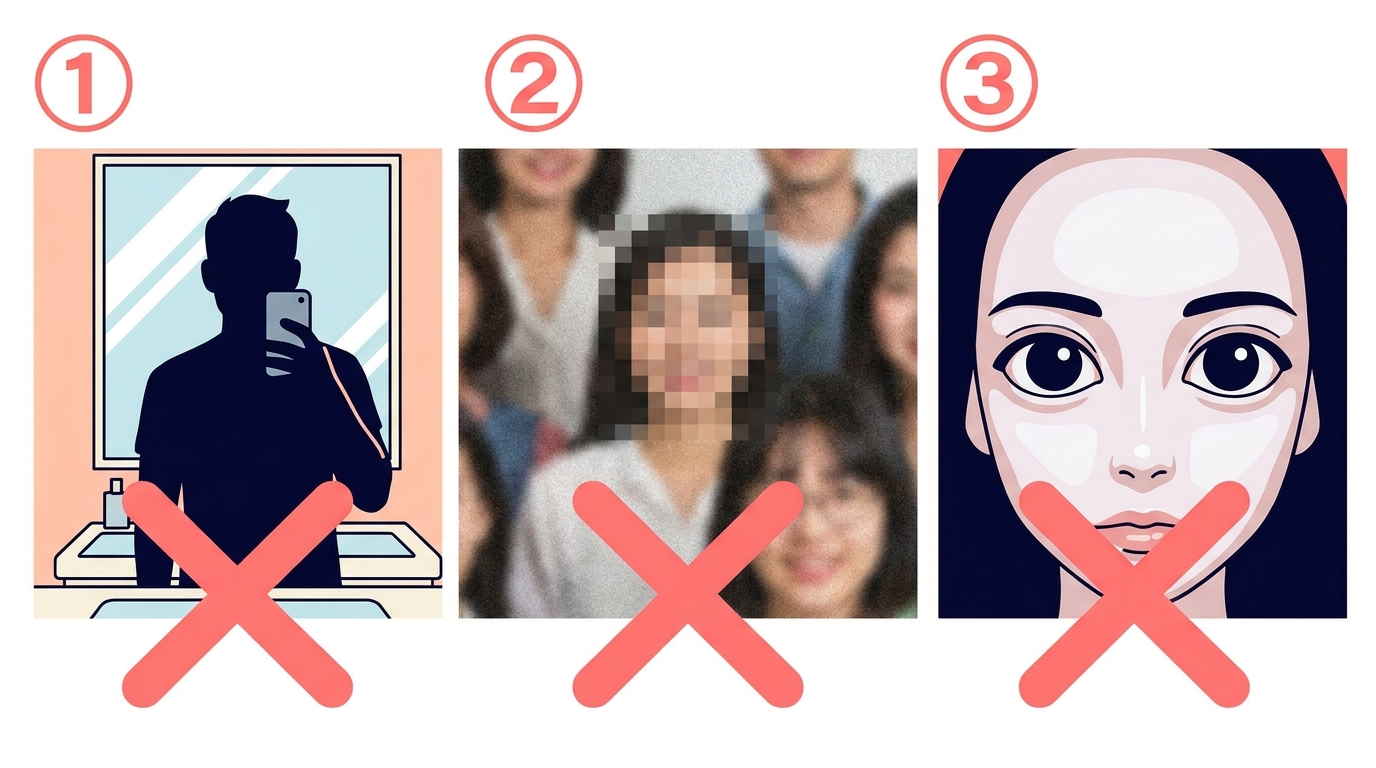 男性NG写真パターン3種の図解