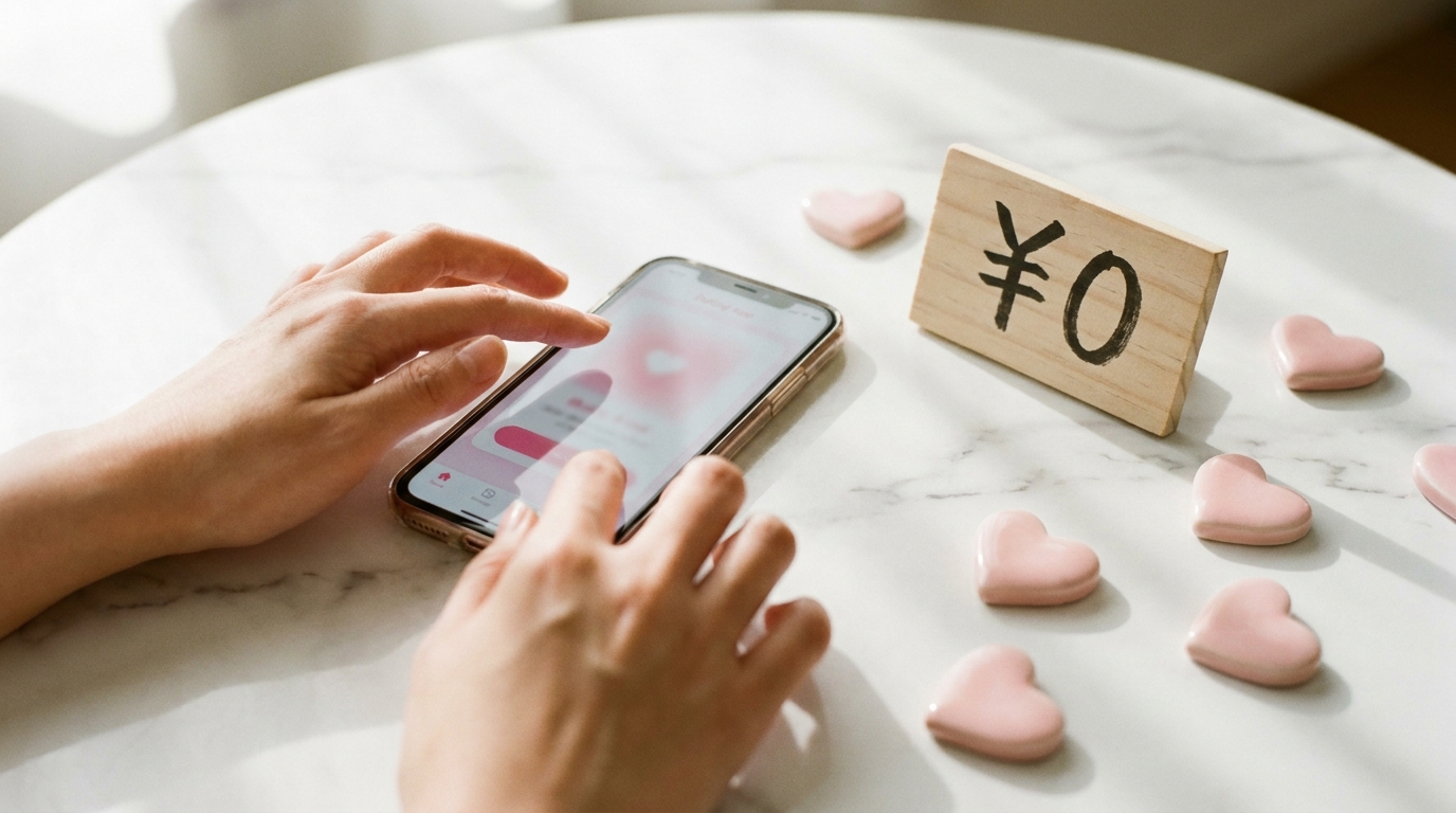 女性無料を示すスマホと¥0小物