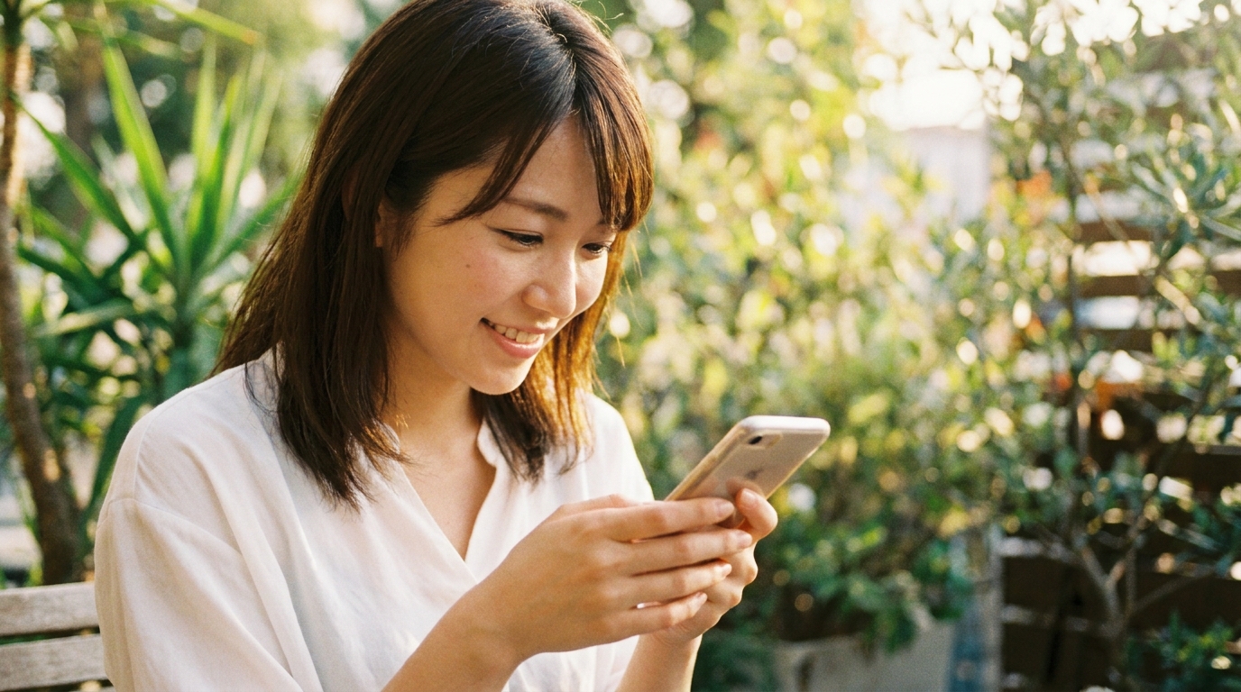 カフェでスマホを使う女性