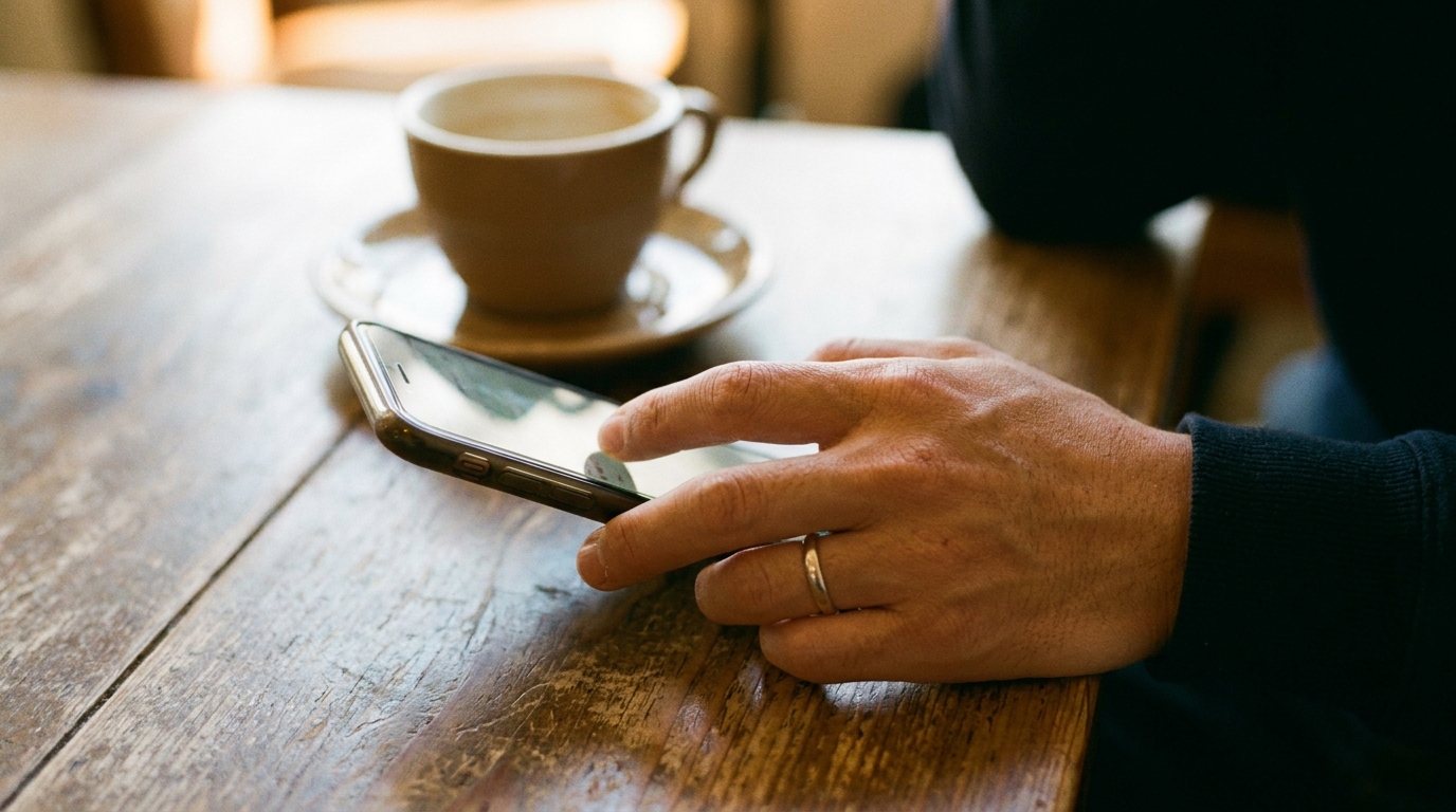 カフェでメッセージを打つ男性の手元